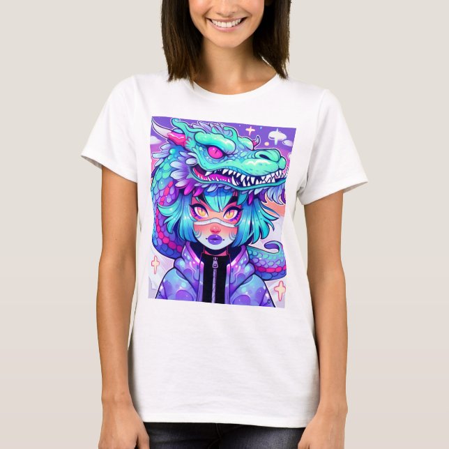Kawaii Dragon Headdress Girl in Vaporwave Himmel T Shirt (Framsida)