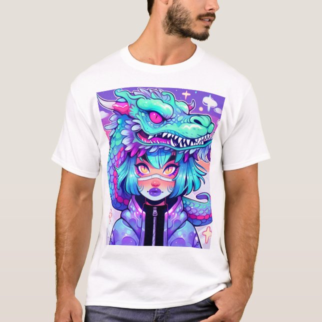 Kawaii Dragon Headdress Girl in Vaporwave Himmel T Shirt (Framsida)