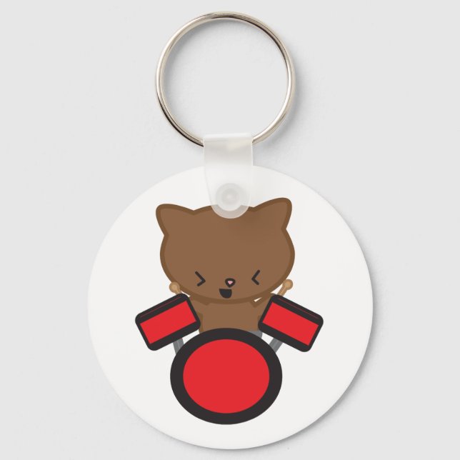 Kawaii Drummer Cat Keychain Nyckelring (Framsida)