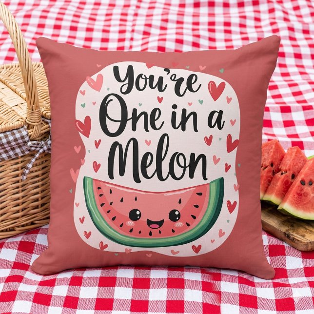 Kawaii "Du är en i Melon" Cute Watermelon Pun Kudde (Kawaii You're One in a Melon Cute Watermelon Pun Throw Pillow Mockup A)