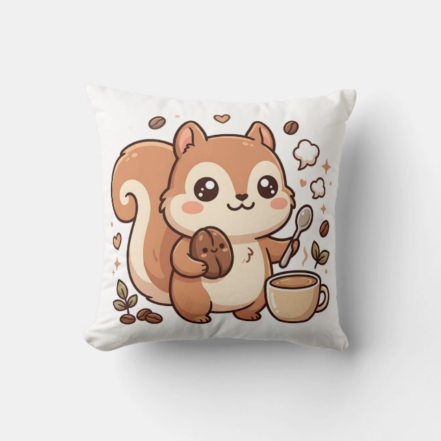 Kawaii Ekorre Kaffe Kastkudde Kudde (Framsida)