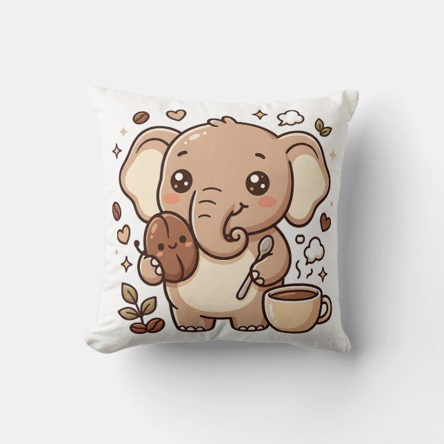 Kawaii Elefant Kastkudde - Söt Coffee Karaktär Kudde (Framsida)