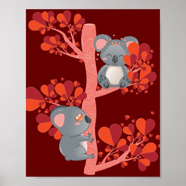 Kawaii, ett par koalas med hjärtan träd poster (Framsidan)
