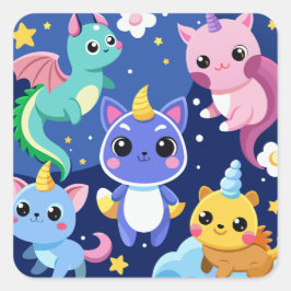 Kawaii Fantasy Creatures Fyrkantigt Klistermärke
