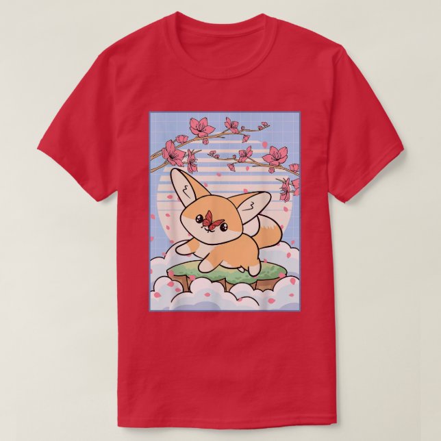 Kawaii Fennec Fox Cherry Blommar Japanska Aestheti T Shirt (Design framsida)