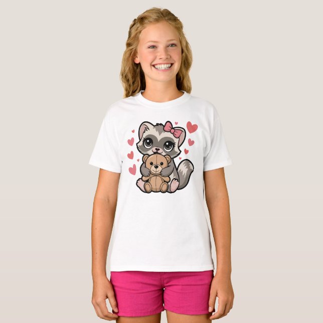 Kawaii Ferret Cuddling Nalle T Shirt (Hel framsida)
