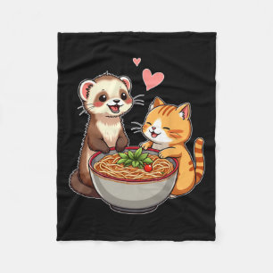 Kawaii Ferret och Cat Eating Ramen Cute Japanska A Fleecefilt