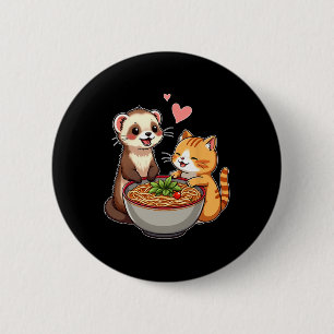 Kawaii Ferret och Cat Eating Ramen Cute Japanska A Knapp