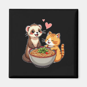 Kawaii Ferret och Cat Eating Ramen Cute Japanska A Magnet