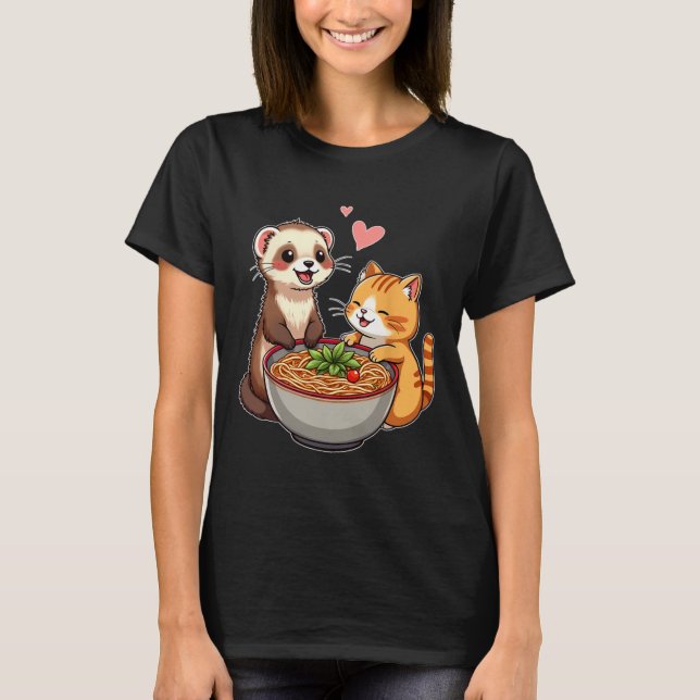 Kawaii Ferret och Cat Eating Ramen Cute Japanska A T Shirt (Framsida)