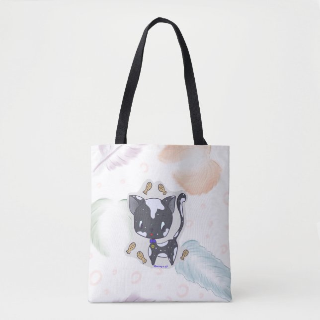 Kawaii Fish Cat with Feathers Tote Bag Tygkasse (Framsida)