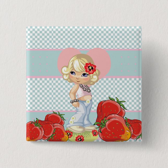 Kawaii flicka med jordgubbar mycket söta knapp (Framsida)