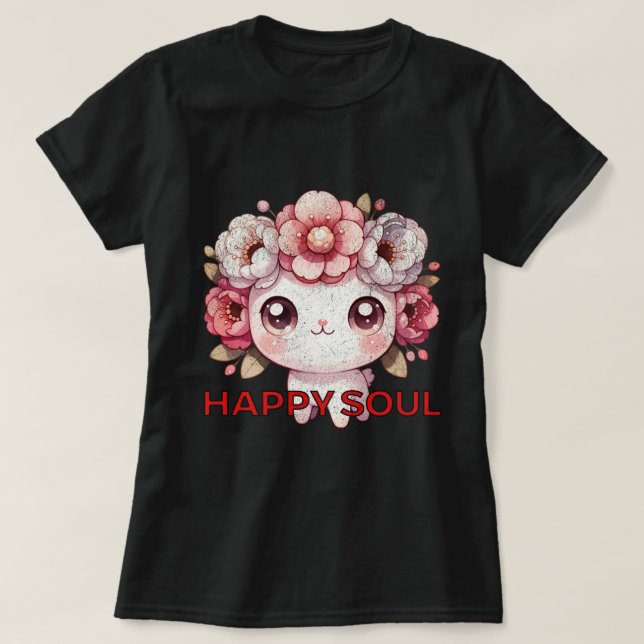 Kawaii Flower Character med Lycklig Soul T Shirt (Design framsida)