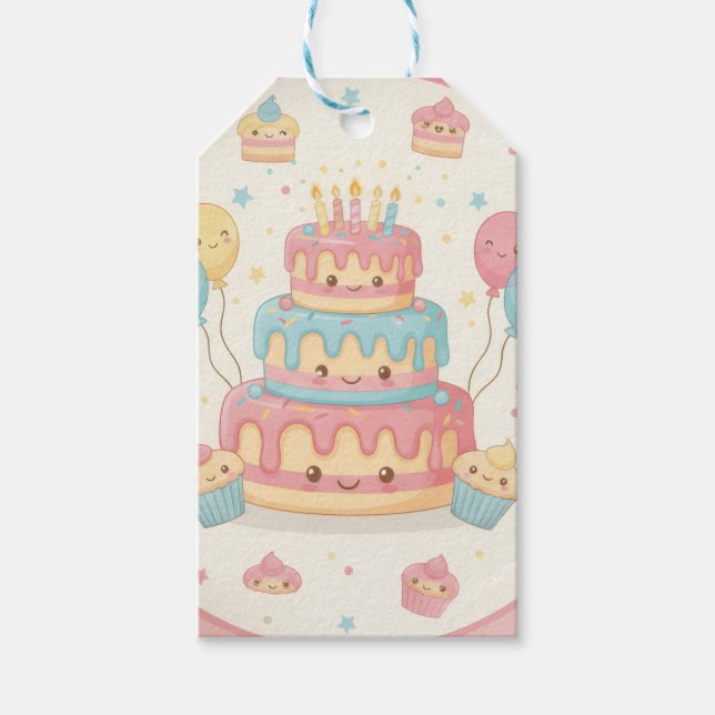 Kawaii födelsedag - söt tårta och cupcakes presentetikett (Framsidan)