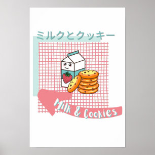 kawaii food- Söt Mjölk och Cookie, rosa, turkos Poster