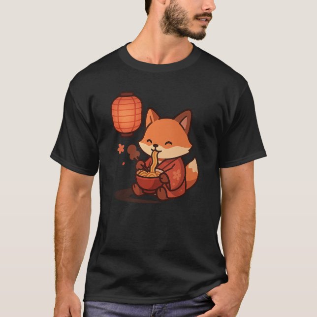 Kawaii Fox Eating Ramen - Cute Japansk Lantern T Shirt (Framsida)