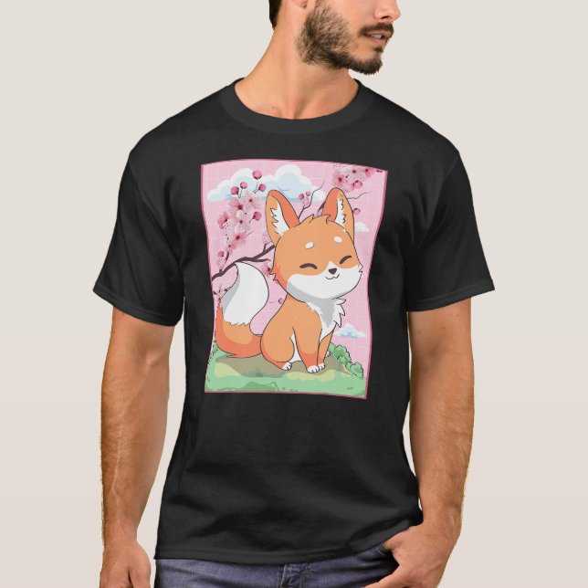 Kawaii Fox Japanese Kitsune Sakura Cherry Blossom T Shirt (Framsida)