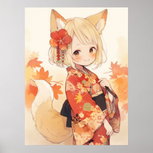 Kawaii Fox med Kimono Poster