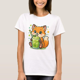 Kawaii Fox med Matcha Latte - Cute Grönt Tea T Shirt