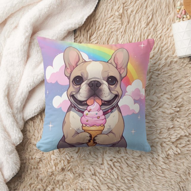 Kawaii Fransk Bulldog Ice kräm Rainbow Kudde (Filt)