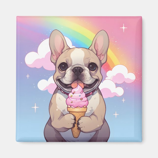 Kawaii Fransk Bulldog Ice kräm Rainbow Magnet (Framsidan)