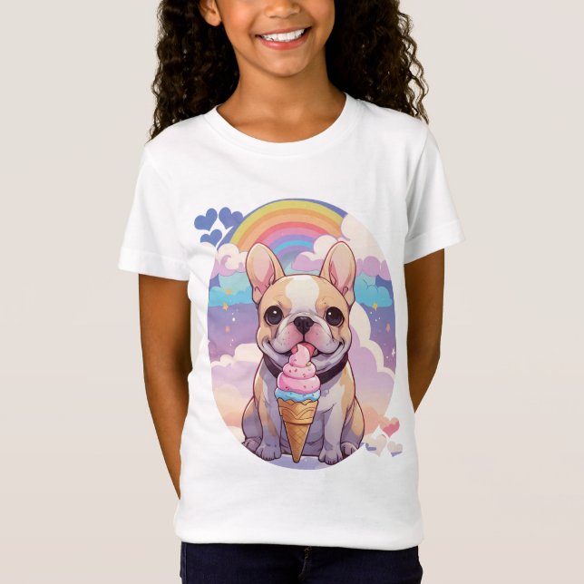 Kawaii Fransk Bulldog Ice kräm Rainbow T Shirt (Framsida)