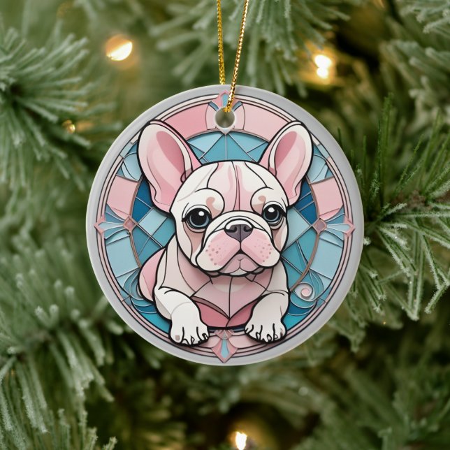 Kawaii Fransk Bulldog Pastel Stached Glass Julgransprydnad Keramik (Träd)