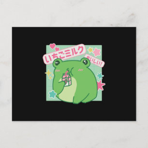 Kawaii Frog dricker jordgubbsbär mjölk Vykort