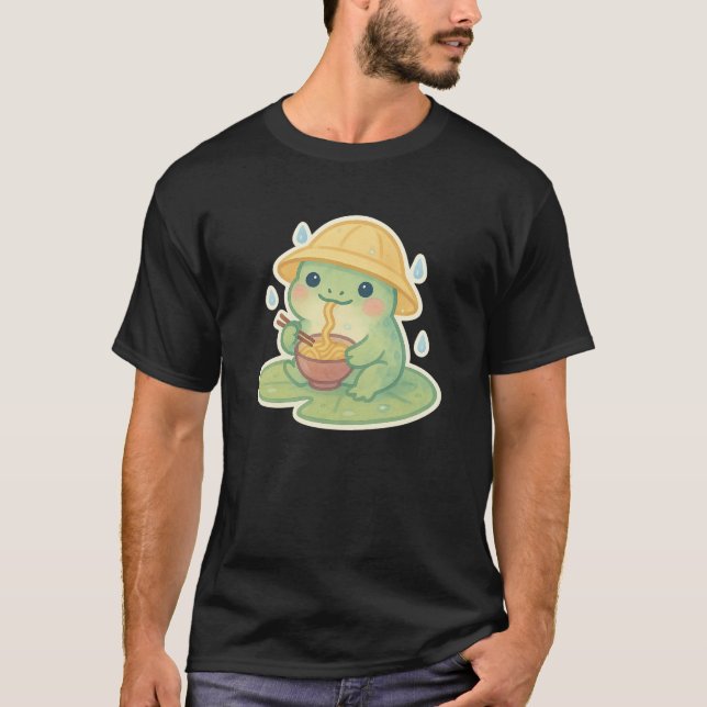 Kawaii Frog Eating Ramen on Lily Pad - Cute Rainy T Shirt (Framsida)