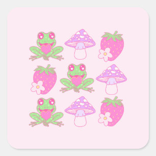 Kawaii Frog, Mushroom och jordgubbe Fyrkantigt Klistermärke