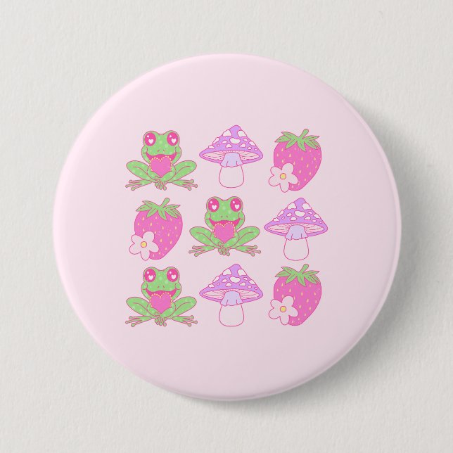 Kawaii Frog, Mushroom och jordgubbe Knapp (Framsida)
