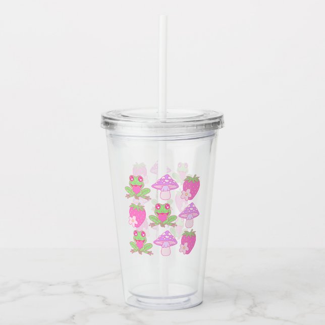 Kawaii Frog, Mushroom och jordgubbe Take Away Mugg (Framsida)