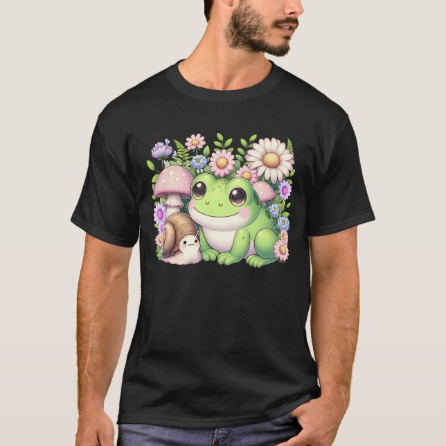 Kawaii Frog och Snigel Aesthetic Blommigt Mushroom T Shirt (Framsida)