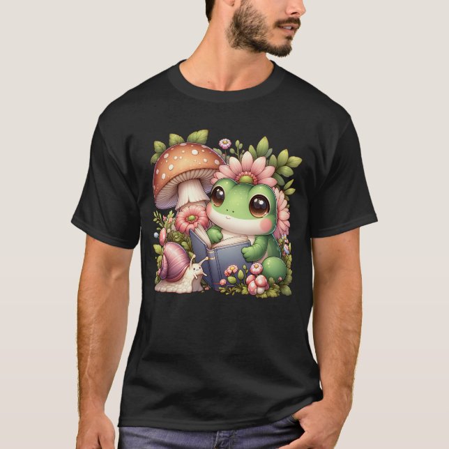 Kawaii Frog och Snigel som läser Bok T Shirt (Framsida)