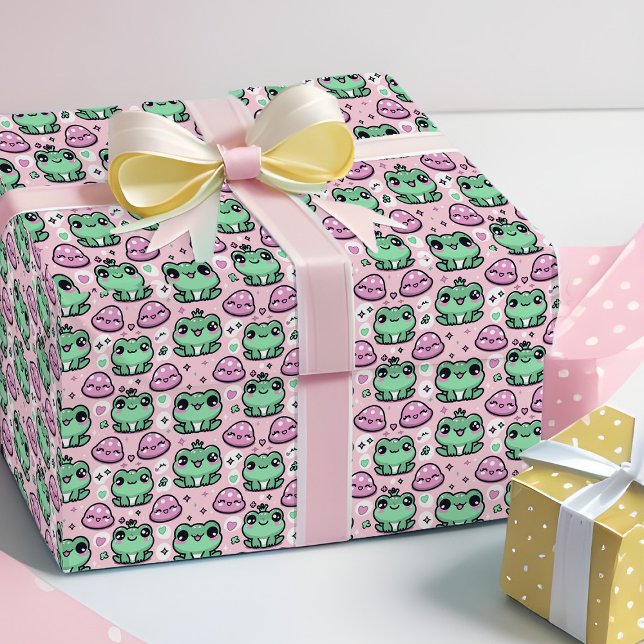 Kawaii Frog Princess Rosa & Grönt Flicka Kids Presentpapper (Cute frog princess little girl wrapping paper in pink and green)