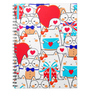 Kawaii Funny Cats Seamless Kärlek Mönster Anteckningsbok