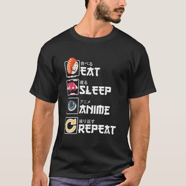 Kawaii Ga Sushi Eat Sleep Anime Repeat Anime T Shirt (Framsida)
