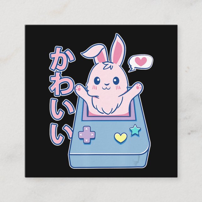 Kawaii Gamer Bunny - Pastellkrita Fyrkantigt Visitkort (Framsida)