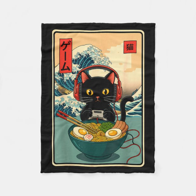 Kawaii Gamer Cat Ramen Retro Japanese Funny Cat Ga Fleecefilt (Framsidan)