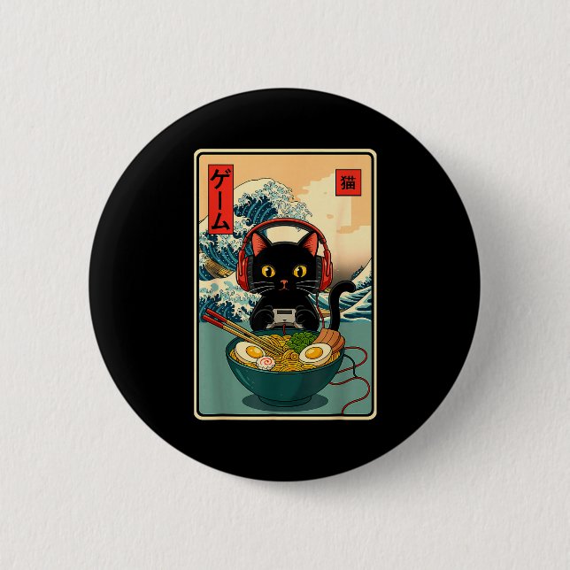Kawaii Gamer Cat Ramen Retro Japanese Funny Cat Ga Knapp (Framsida)
