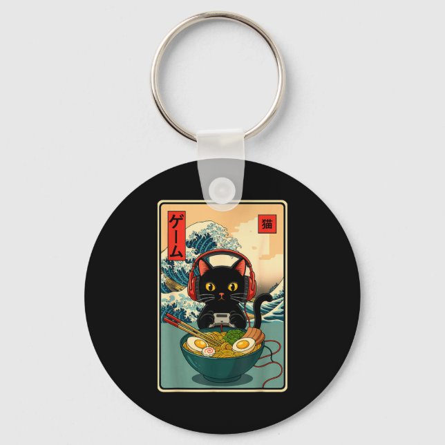 Kawaii Gamer Cat Ramen Retro Japanese Funny Cat Ga Nyckelring (Framsida)