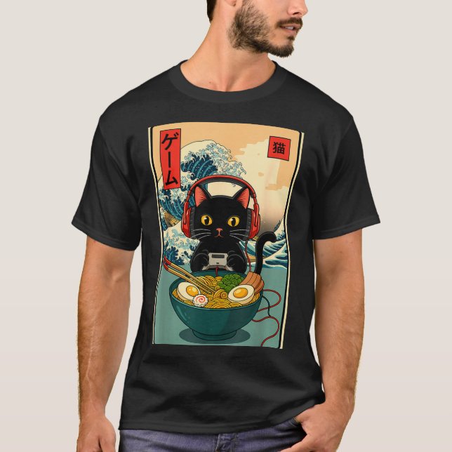 Kawaii Gamer Cat Ramen Retro Japanese Funny Cat Ga T Shirt (Framsida)