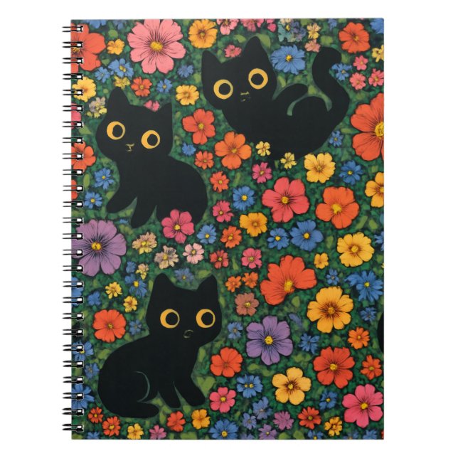 Kawaii Garden Art | Cute Black Cat Floral Pattern Anteckningsbok (Framsidan)