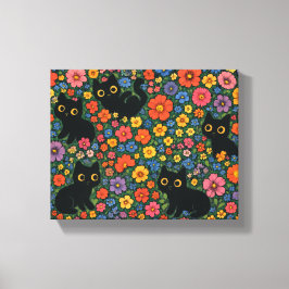 Kawaii Garden Art | Cute Black Cat Floral Pattern Canvastryck
