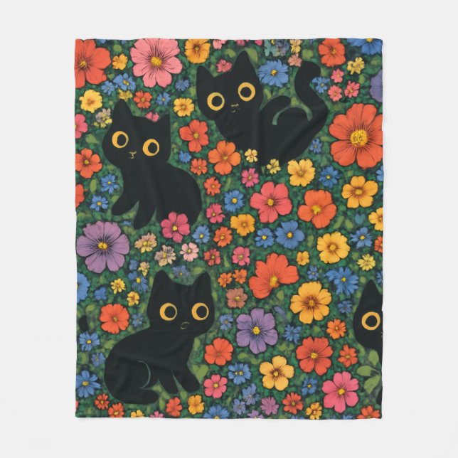 Kawaii Garden Art | Cute Black Cat Floral Pattern Fleecefilt (Framsidan)