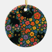 Kawaii Garden Art | Cute Black Cat Floral Pattern