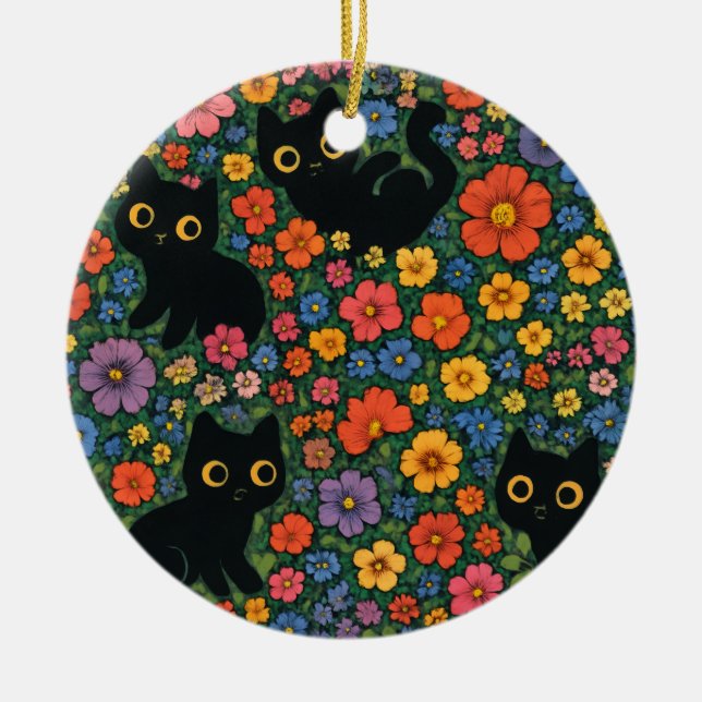 Kawaii Garden Art | Cute Black Cat Floral Pattern Julgransprydnad Keramik (Framsidan)