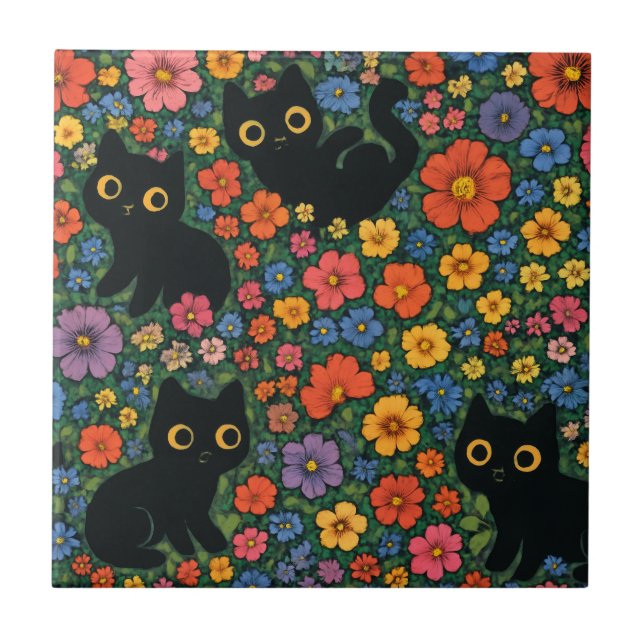 Kawaii Garden Art | Cute Black Cat Floral Pattern Kakelplatta (Framsidan)
