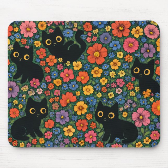 Kawaii Garden Art – Cute Black Cat Floral Pattern Musmatta (Framsidan)