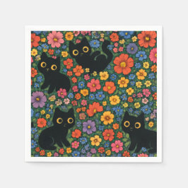 Kawaii Garden Art | Cute Black Cat Floral Pattern Pappersservett